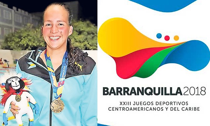 TOP swimmer Joanna Evans, of the Bahamas, shows off one of the medals she won at the CAC Games.