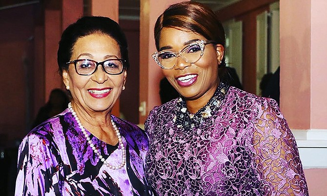 Gillian Curry-Williams wearing one of her own designs on an occasion at Government House where she met Bahamian fashion icon Dame Marguerite Pindling.