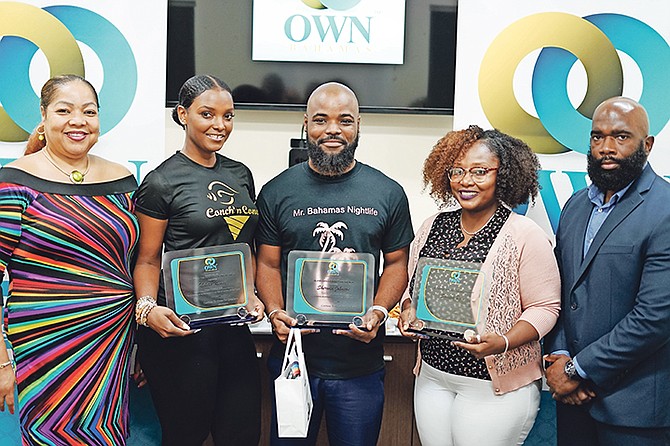 FROM left, Nikita Kenny, of Conch ’n Cone, Sherwin Johnson, of Mr Bahamas Nightlife, Samina Bain, of Sophia’s Papiere, and Kenny Mackey, of Island Luck Cares. Photo: Terrel W Carey/Tribune Staff
