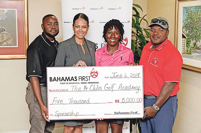 WEEKEND OF GOLF: Shown (l-r) are Ahmal Henfield, golf instructor, Leah R Davis, group marketing and communications manager at Bahamas First Corporate Services, Georgette Rolle, founder of Fourteen Clubs Golf Academy and Marcuss Pratt, golf instructor. Photo: Ronnie Archer