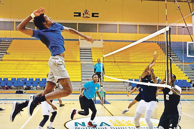 PRACTICE MAKES PERFECT: Men’s senior national volleyball team members can be seen in the Kendal Isaacs Gym last night during a practice session ahead of the CAZOVA Senior Championships in Suriname, where the team hopes to compete on August 9 if the Bahamas Volleyball Federation can secure the funds to travel.
Photo: Terrel W Carey/Tribune Staff