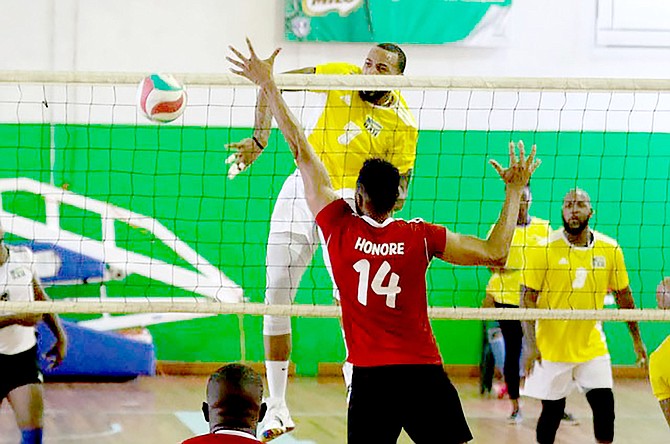 THE BAHAMAS’ Byron Ferguson coming through for the kill in the victory over Trinidad & Tobago in five sets yesterday. Afterwards, the Bahamas played Suriname in the championship game.