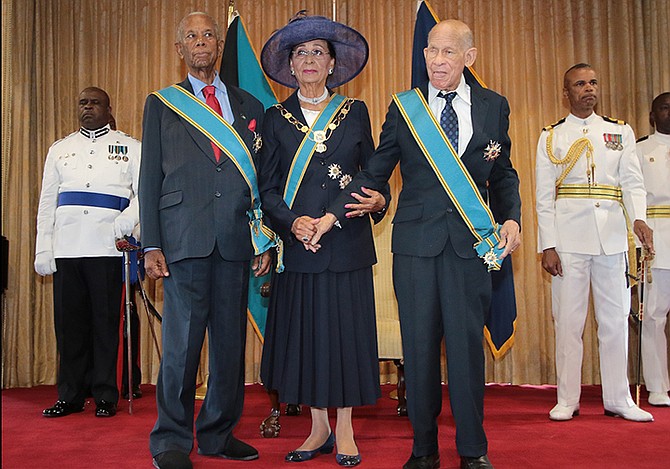 Pictured from left, Sir Orville Turnquest, Governor General Dame Marguerite Pindling, and Arthur Hanna. Photo: Derek Smith/BIS