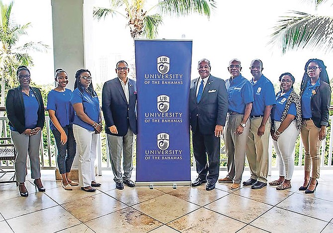 GOLF Classic organising committee members with Baha Mar Senior Vice President of Government & Community Relations Robert Sands, University President Dr Rodney D Smith and Director of Development and Golf Classic Organizing Co-Chair Peter Mitchell pose following a press conference to announce the inaugural President’s Golf Classic and Spa Day on Saturday, November 3.