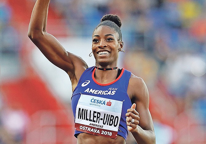 Shaunae Miller-Uibo celebrates as she crosses the finish line to win the mixed 4x400 metres relay for the Americas at the IAAF track and field Continental Cup in Ostrava, Czech Republic. (AP)


