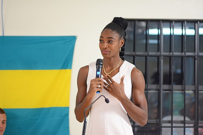 Shaunae Miller-Uibo at a reception on Saturday at the National Tennis Centre. Photo: Shaun Hanna/Tribune staff