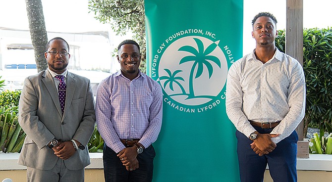 FROM LEFT: Dominic Sterling, Sir John Templeton Award-Theology, Vanderbilt University, Theological Studies; Jerrano Bowleg, Graduate, Mississippi State University, Chemistry; Rajahl Moxey, Sir John Templeton Memorial Award – Business, Queen’s University, International Business.
Photo Credit: CayFocus Photography/Disha Fraser