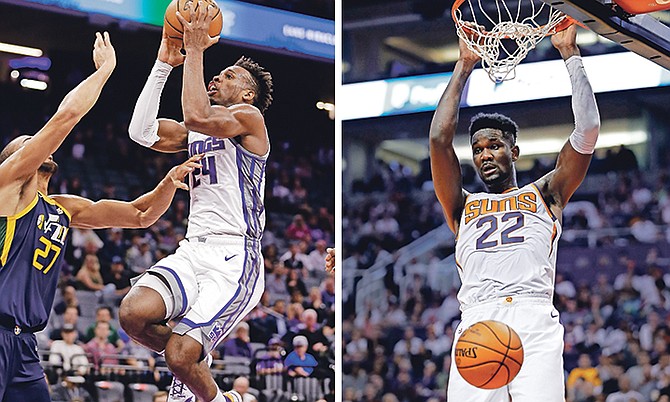 LEFT: Kings guard Buddy Hield, starting at small forward, scored 19 points with six rebounds and an assist in 32 minutes of action against the Jazz on Wednesday night. (AP)

RIGHT: Suns centre Deandre Ayton (22) dunks against the Dallas Mavericks in the second half on Wednesday night in Phoenix. The Suns won 121-100.
(AP Photo/Matt York)
 
