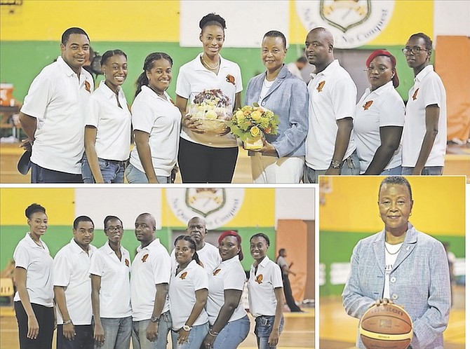 Devin Johnson (fourth from left), the newly elected president of the New Providence Women’s Basketball Association, with officials in the NPWBA. TOP - Dr Linda Davis (fourth from right and far right with basketball) was honoured during the preseason tournament for high school girls at the DW Davis Gymnasium over the weekend.
Photos: Terrel W Carey Sr/Tribune Staff