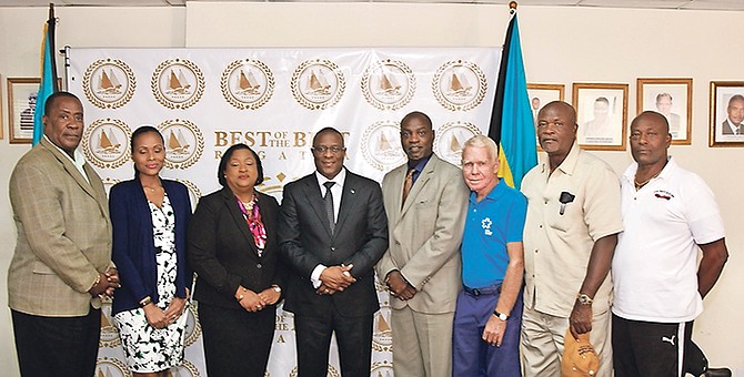MEET THE ORGANISERS: Minister of Agriculture and Marine Resources Michael Pintard is pictured with ministry staff and members of the Best of the Best team. Shown (l-r) are Alpheus Forbes, under secretary, Ministry of Agriculture and Marine Resources, Melissa Colebrooke, marketing manager, Rev/Cable Bahamas Ltd, Phedra Rahming, permanent secretary, Ministry of Agriculture and Marine Resources, Minister Pintard, Barry Wilmott, regatta desk manager, Jimmy Lowe, Bahamas Sailing Association, Stafford Armbrister, race committee member, and Clyde Rolle, race committee member.