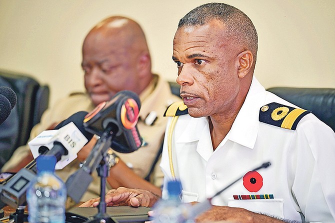 Royal Bahamas Defence Force Commodore Tellis Bethel speaks on Friday. Photo: Terrel W. Carey Sr/Tribune Staff