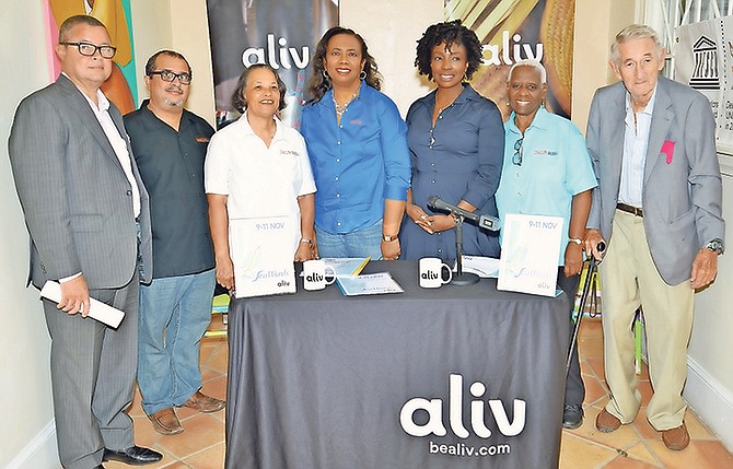 THE PRESS conference to announce the official launch of the SeaWords Bahamas Literary Festival. (Left to right) Paul McWeeney, President, Sunshine Insurance (Arawak Homes—Diamond Sponsor); Neko Meicholas, Communications, Creative Nassau; Pamela Burnside, President, Creative Nassau; Patrica Glinton-Meicholas, VP, Creative Nassau; Gravette Brown, Chief Aliv Commercial Officer (Aliv, Title Sponsor); Rosemary Hanna, Member, Creative Nassau and Richard Coulson, Member, Organising Committee, SeaWords Bahamas.