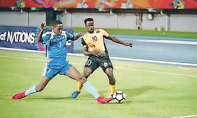 BALL IN PLAY: Lesly St Fleur (right) in action in the CONCACAF Nations League match against Anguilla.
Photo: Terrel W Carey Sr /Tribune Staff