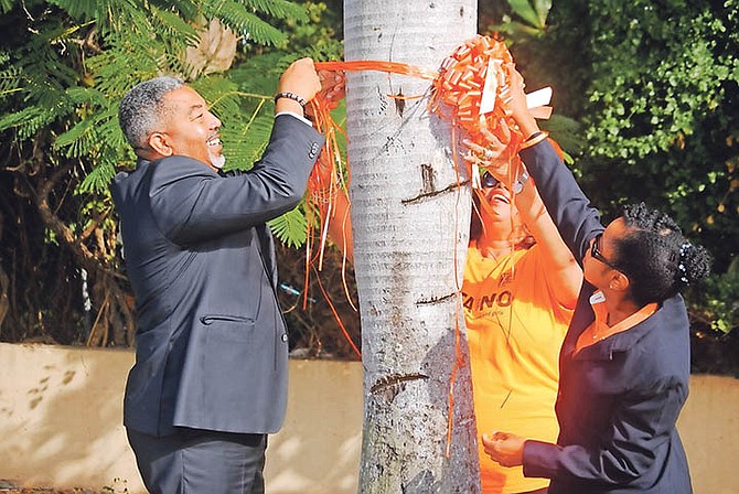 Minister of Social Services Frankie Campbell ties the first orange bow on Christie Park.