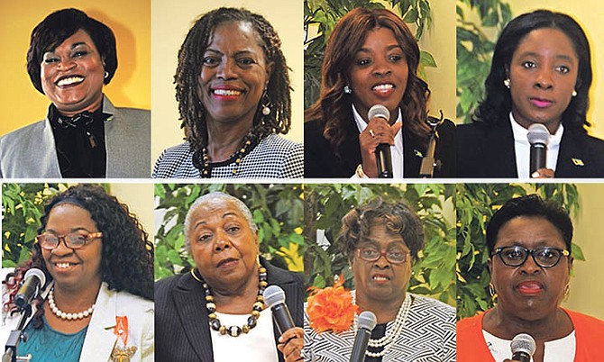 CLOCKWISE FROM TOP LEFT: MICAL MP Miriam Reckley-Emmanuel, Fox Hill MP Shonel Ferguson, Arinthia Komolafe, Minister of Youth, Sports and Culture Lanisha Rolle, former Minister of Social Services Melanie Griffin, first female Speaker of the House Italia Johnson, first female Attorney General Janet Bostwick and Ali McIntosh.