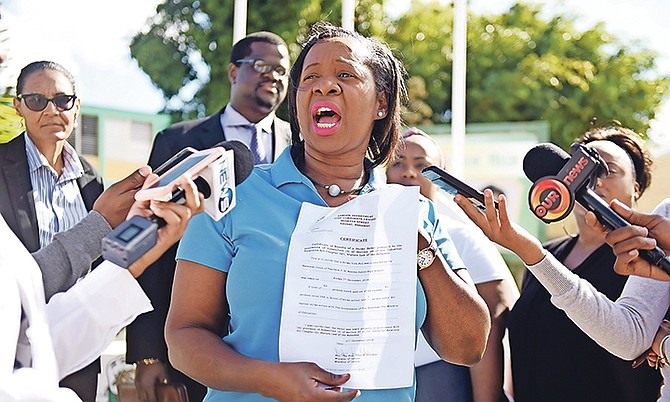 The Bahamas Union of Teachers president, Belinda Wilson, hosted a press conference yesterday at CH Reeves Junior High School.                                              
Photo: Shawn Hanna/Tribune Staff