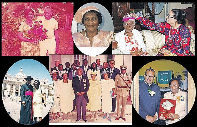 Life and times of Ophelia Munnings – Clockwise from top left: with her husband Basil “Boots” Munnings; in her younger days; celebrating her 100th birthday with Dame Maguerite Pindling; receiving a church award for her dedication to music; receiving the MBE; touring Rome with her priest.