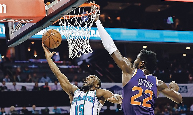Charlotte Hornets’ Kemba Walker (15) drives past Phoenix Suns’ Deandre Ayton (22) during the first half on Saturday, January 19. (AP)