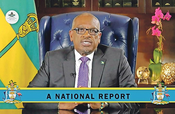 PRIME Minister Dr Hubert Minnis delivers his address on Monday night.