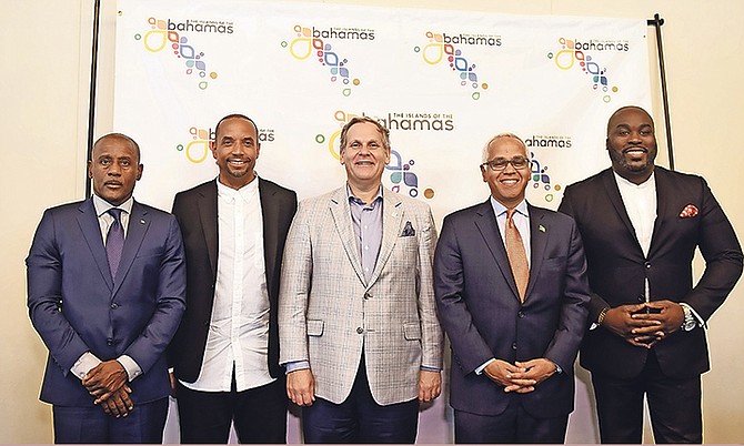 The National Basketball Players Association and THINK450 - One Court and Bahamas Ministry of Tourism press conference at Baha Mar Convention Centre. From left, Jeff Rodgers; Que Gaskins, THINK450 chief brand and growth officer; Graeme Davis, Baha Mar president; Dionisio D’Aguilar, Minister of Tourism; and Christopher Quincy, FOE Sports president. Photo: Shawn Hanna/Tribune Staff