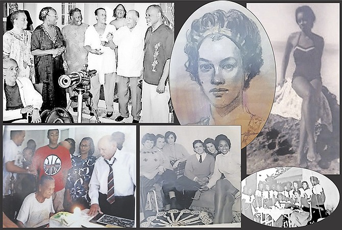 Clockwise from top left: former Governor General Arthur D Hanna during his days at Government House, visited by his siblings Yvonne, Joan, Keva and Patrick and other family members; a sketch of Keva in her younger days; Keva at the beach back in the day; Keva as a part of Bahamas Girl Guides; Keva, far right, with friends visiting The Bahamas; SirArthur sings happy birthday to his cousin Dorcas as other Hanna, Heastie, Tynes family members are gathered.