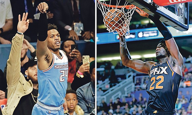 LEFT: Sacramento Kings’ Buddy Hield makes his 26th basket during the NBA All-Star 3-Point contest Saturday. (AP Photo/Gerry Broome)
RIGHT: Phoenix Suns’ centre Deandre Ayton dunks against the Oklahoma City Thunder. (AP Photo/Rick Scuteri)