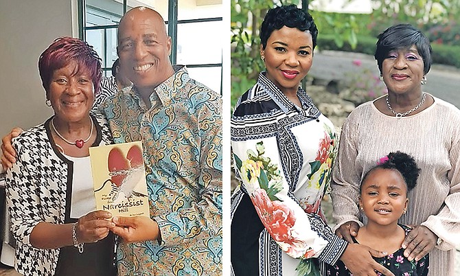 Left: Ivy with her pastor, Mario Moxey, at her book launch at Bahamas Harvest Church.
Right: Ivy with her daughter, Felicia Carey, (head of Teen Life Skills) and granddaughter, Zuri Carey.