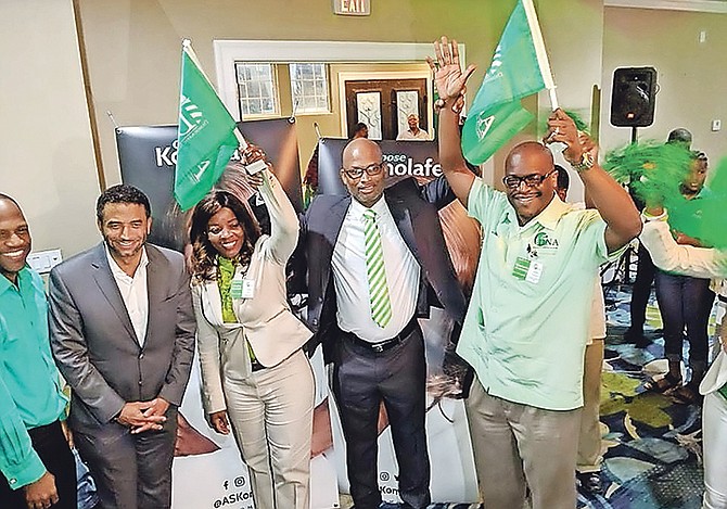From left, Christopher Mortimer, Branville McCartney, Arinthia Komolafe, Chairman-elect Omar Smith, and Deputy Leader-elect Buscheme Armbrister.