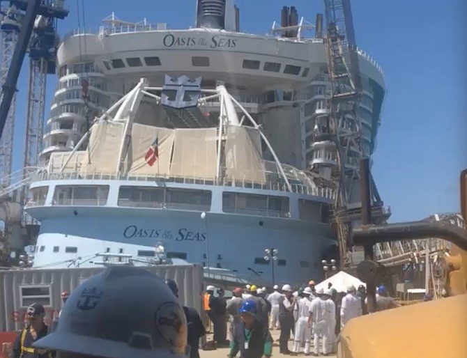 A still from one of the videos showing the Oasis of the Seas at Grand Bahama Shipyard.