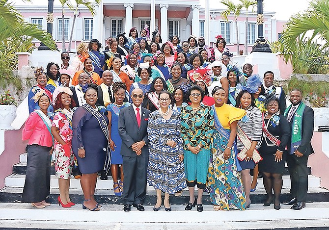 The group in front of Government House with Governor General Dame Marguerite Pindling, Minister Lloyd and Permanent Secretary Lorraine Armbrister.
