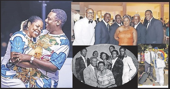 Clockwise, from left:  Paul and his wife, Porcia: the Fernander children today; Paul rushing with Sting Junkanoo group; Dennis and Rosie Fernander and their children.