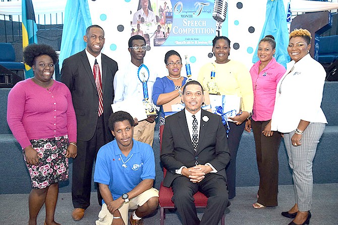 Standing from left to right are information technology student D’ante Ferguson; Student Success Learning Lab head, Brent Kemp; office administration student Kemel Mitchell (first place); office assistant student Naomi Adderley (second place); information technology management student Augustina Ferguson (third place); BTVI’s fund development department clerk, Lori Tucker, and associate vice president of fund development, Alicia Thompson. In front are: Electronics student Shannon Stubbs (left) and Public Hospitals Authority Deputy Managing Director Lyrone Burrows.

Photo/Joseph Wood