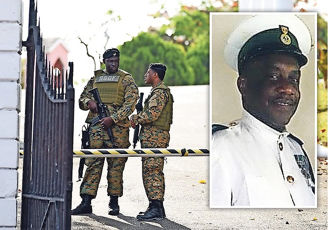 RBDF officers on duty outside Government House on Sunday following the shooting which led to the death of Petty Officer Philip Perpall (inset). Photo: Shawn Hanna/Tribune staff