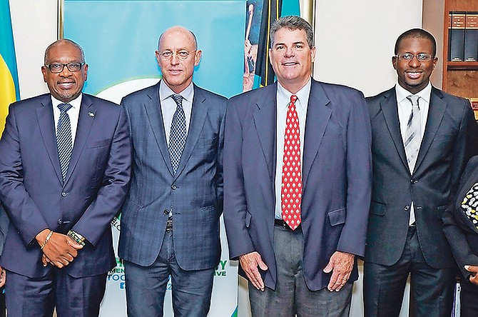 At the press conference at the Office of the Prime Minister in reference to the Over the Hill initiative. Pictured from (left to right) Prime Minister Dr Hubert Minnis, Mark Holowesko, Geoffrey Andrews and Robert Turnquest. Photo: Terrel W. Carey Sr/Tribune Staff