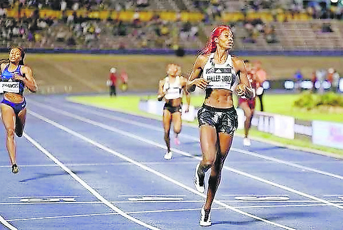 Shaunae Miller-Uibo powers across the finish line to win the 400m at the Racers Grand Prix in Kingston, Jamaica.