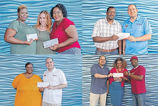 Receiving prizes are, clockwise from top left, Crystal Jordan and Welliyah Cargill, Allan Burrows, Chenique Whylly and Agatha Gomes.