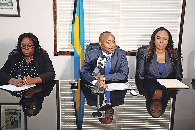 Minister of State for Grand Bahama Kwasi Thompson and Senator Jasmin Darius, chairperson of the Grand Bahama Independence Celebrations Committee, announce plans for the 46th annual Independence Celebration in Grand Bahama at the Office of the Prime Minister in Freeport.