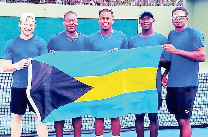 The Bahamas Davis Cup tie of Baker Newman, Philip Major Jr, captain Marvin Rolle, Donte Armbrister and Justin Lunn, pose above in Costa Rica.