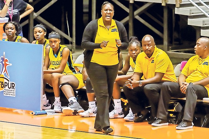 Team Bahamas head coach Varel Clarke-Davis shouts from the sidelines yesterday during their 83-43 loss to Puerto Rico in the Centrobasket Under-17 Championships for Women at the Roberto Clemente Coliseum in San Juan, Puerto Rico.