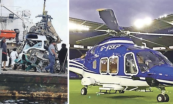 Left: the wreckage of an Augusta SPA helicopter is recovered off the coast of Grand Cay. Right: the helicopter of billionaire Leicester City owner Vichai Srivaddhanaprabha.