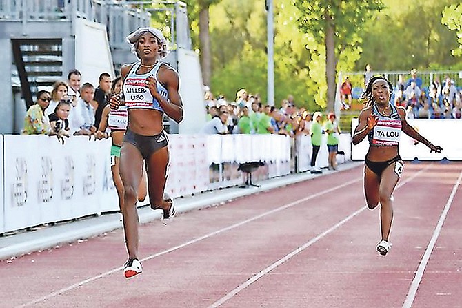 CRUISE CONTROL: Shaunae Miller-Uibo (left) wins the 200 metres at the Hungarian Grand Prix on Tuesday. In a season’s best performance, she set another meet record.