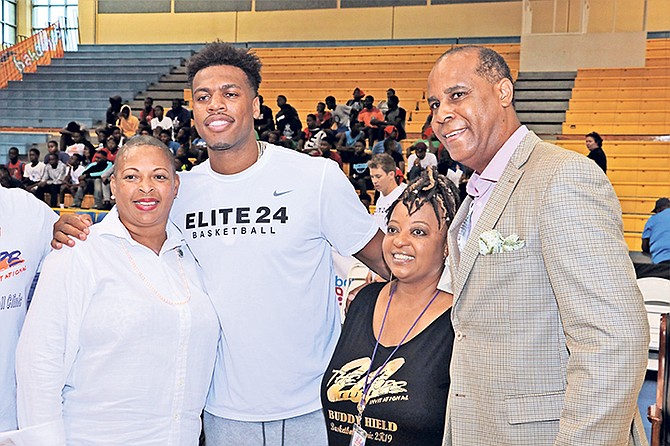 SHOWN (l-r) are Kim Hanna, Buddy Hield, Melissa Allen-Maynard and Evon Wisdom at the official opening of his Elite 24 Basketball series yesterday at the Kendal Isaacs Gymnasium.