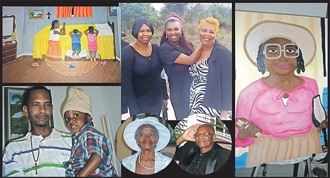 Top: Marsha with her two daughters Antonia and Marsha Renae; above, her father Edmund Knowles, deceased, and mother Ruth Charlotte Fernander Knowles; left: her son, Anthony and grandson, Amez; top left and right: two examples of her work.