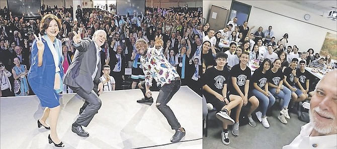 LEFT: “V for Peace” with 27,000 Rotarians and Rotaractors led by Julian Believe with Barry and Esther Rassin; RIGHT: Rassin takes a selfie and uses social media to attract a record-breaking number of younger members, who join Rotaract.