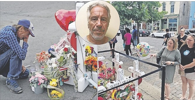 LEFT: A makeshift memorial near the scene of a mass shooting in El Paso, Texas. INSET: Jeffrey Epstein, who died by suicide while awaiting trial on sex-trafficking charges. RIGHT: A makeshift memorial in Dayton, Ohio where a gunman killed nine people.