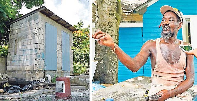 Eugene Davis points out the outside toilets on Lucky Heart Corner, left.