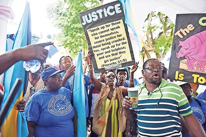 Hundreds of social service workers marched to Rawson Square to protest for higher wages yesterday. Photo: Shawn Hanna/Tribune Staff