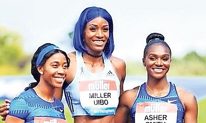 Jamaica's Shelly-Ann Fraser-Pryce, Shaunae Miller-Uibo and Great Britain's Dina Asher-Smith.