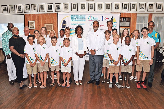 Minister of Youth, Sports and Culture Lanisha Rolle, Minister of Social Services and Urban Development Frankie A. Campbell (who was representing Minister of Tourism and Aviation Dionisio D’Aguilar), Barry Wilmott, Regatta Desk manager at the Ministry of Agriculture and Marine Resources and Director of Sports Timothy Munnings joined organisers, corporate sponsors, sailing, tourism and sporting stakeholders and parents at the Meet Team Bahamas Ceremony on August 25 for the 2019 Optimist North American Championship. The ceremony, held at the Nassau Yacht Club, gave persons the chance to cheer on and meet the youngsters who will be representing the Bahamas September 27 to October 4 in the largest sailing event ever to be hosted in The Bahamas. Among those taking part in the ceremony included event co-chairs from the Bahamas Optimist Sailing Association Robert Dunkley and Chandra Parker, commodore of the Nassau Yacht Club Adam Darville and the young Team Bahamas Captain and three-time Optimist National Champion Joshua Weech.  
(BIS Photos/Eric Rose)