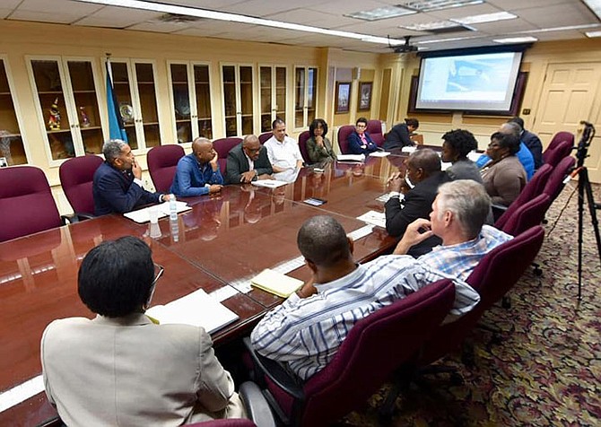 Prime Minister Dr Hubert Minnis met with members of NEMA and senior Government officials on Thursday evening as the country prepares for Hurricane Dorian. The Prime Minister will address the nation live tomorrow at 12pm from the Paul Farquharson Center, Police Headquarters. Tune into ZNS TV and Radio or @opmbs Facebook. Photo: Yontalay Bowe